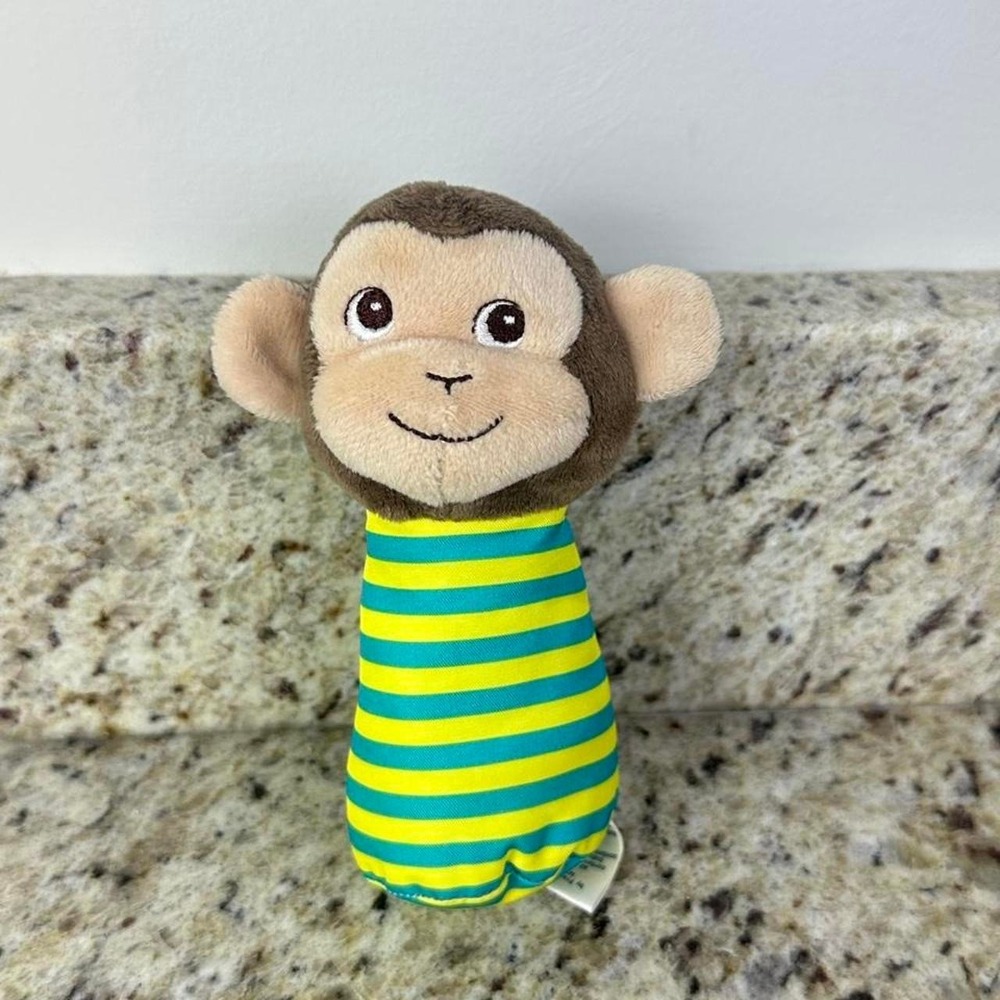 Garanimals Baby Monkey Rattle Plush Yellow Teal Striped Sensory Infant Toy